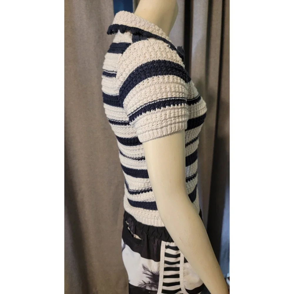 Blue & White Striped Alter'd State Cropped Nautical Open Knit Scalloped Collar S